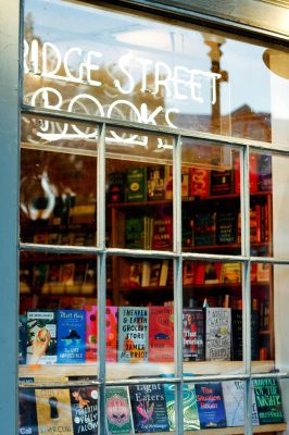 Bookstore display window featuring books